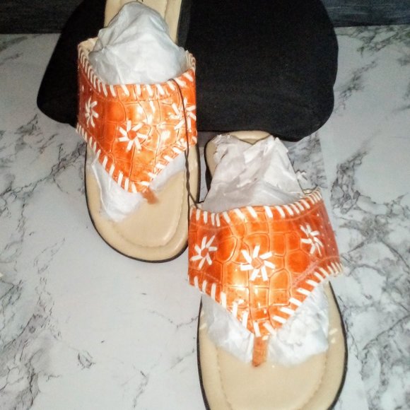Vintage NWOT Women's  Whipped-stitch Upper Leather Sandals Orange/White size 7 - Picture 3 of 9